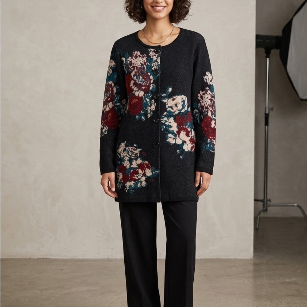 Peck & Peck Black Cardigan with Floral Pattern